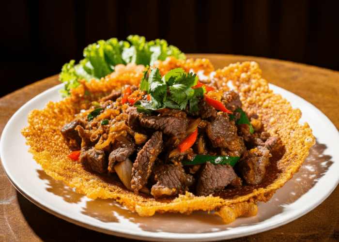 hở Áp Chảo served with beef and fresh herbs at Tôn Đức Thắng.