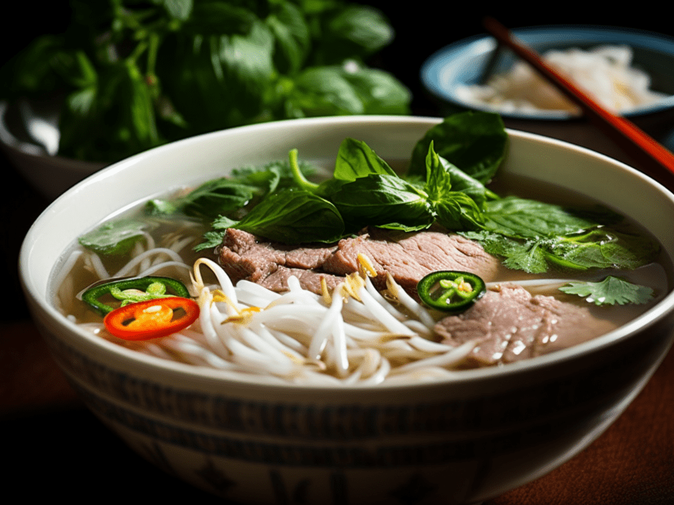 A beautifully plated pho dish served in an upscale restaurant in Saigon with slices of wagyu beef.