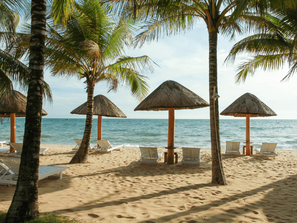 Aerial view of the pristine white sands and turquoise waters at Sao Beach.