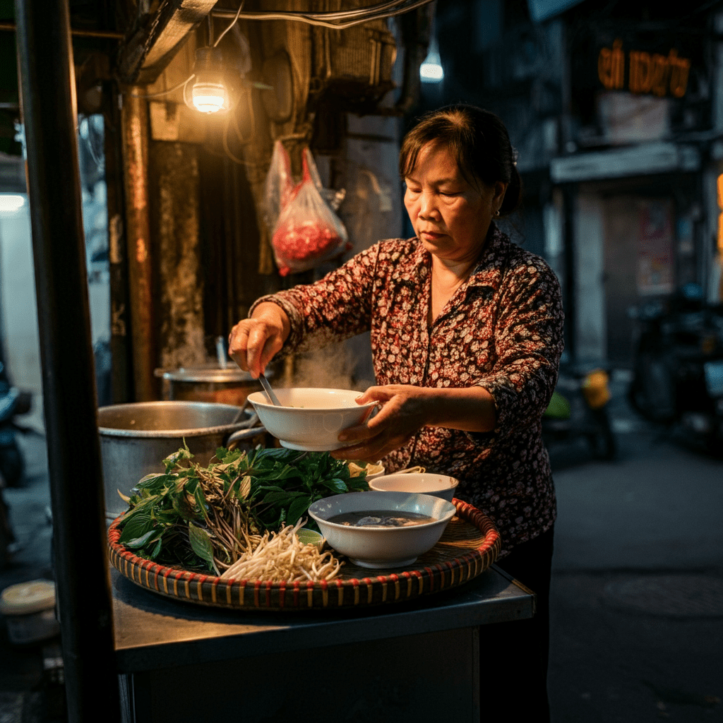 Street vendor in Hanoi preparing a fresh bowl of pho with steaming broth and herbs.