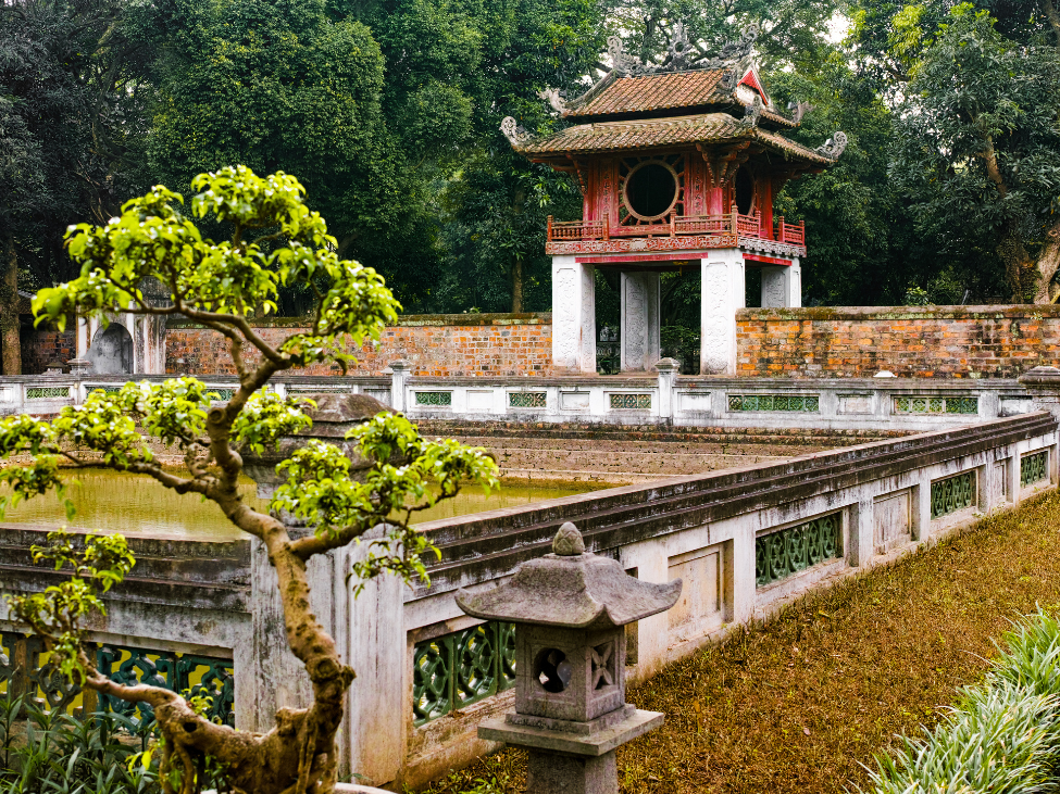 View of the Temple of Literature in Hanoi, showcasing its historic architecture and lush courtyards.