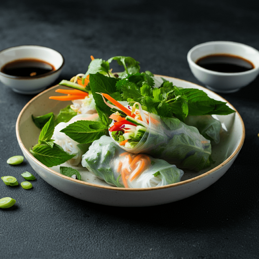 Vegetarian pho cuon rolls from Phở Cuốn Thanh Hằng, showcasing fresh vegetables wrapped in soft noodles.