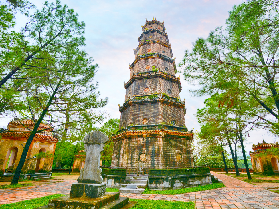 The iconic seven-story Thien Mu Pagoda by the Perfume River in Hue, Vietnam.