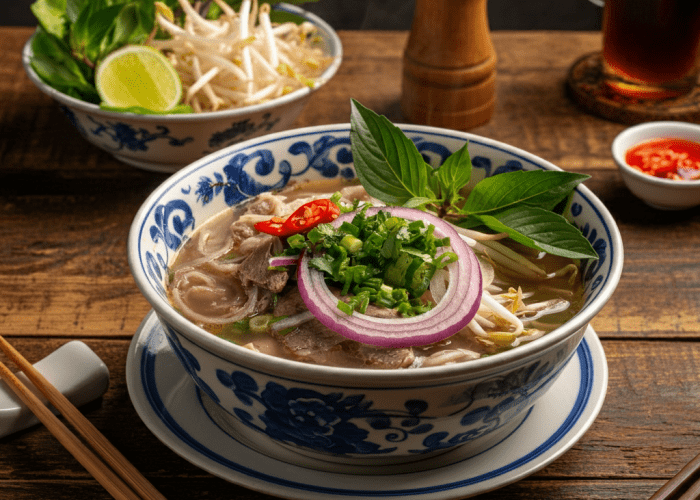 A vintage-style bowl of phở served at Phở Gia Truyền, showcasing traditional ingredients and presentation.