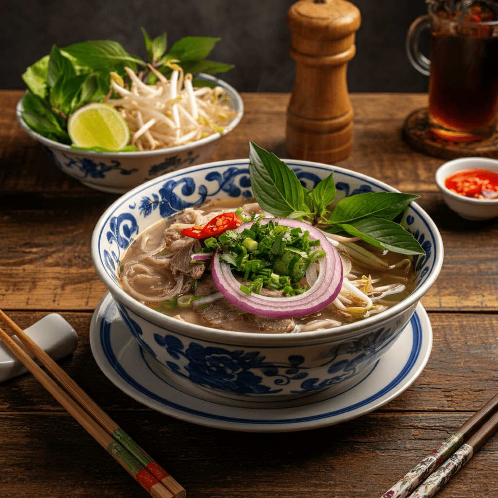 A vintage-style bowl of phở served at Phở Gia Truyền, showcasing traditional ingredients and presentation.