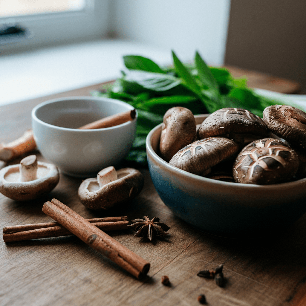 Ingredients for a vegan pho broth, including star anise, cinnamon, and shiitake mushrooms.