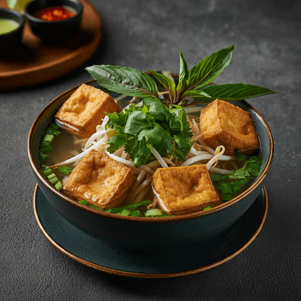 A rich, flavorful bowl of vegan pho in Ho Chi Minh City, topped with tofu and mushrooms.