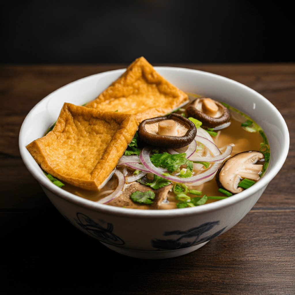 A bowl of vegetarian pho in Hanoi with fresh herbs and mushrooms.