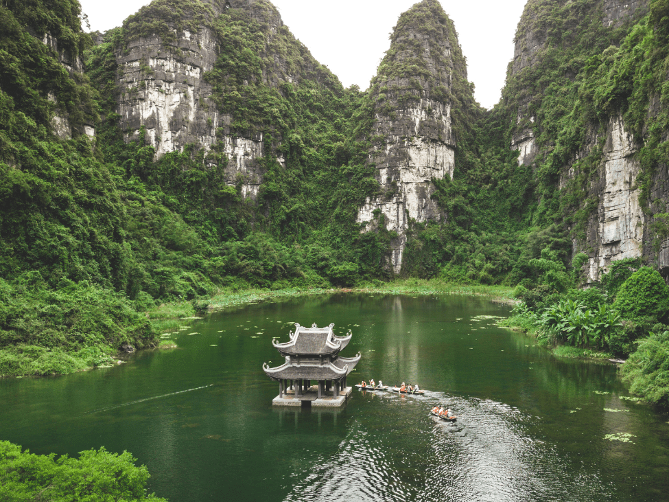 View from Hang Mua Peak, overlooking rice paddies and limestone mountains in Ninh Binh.