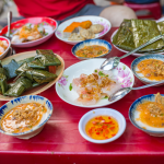 Banh Beo, small steamed water fern cake topped with shrimp