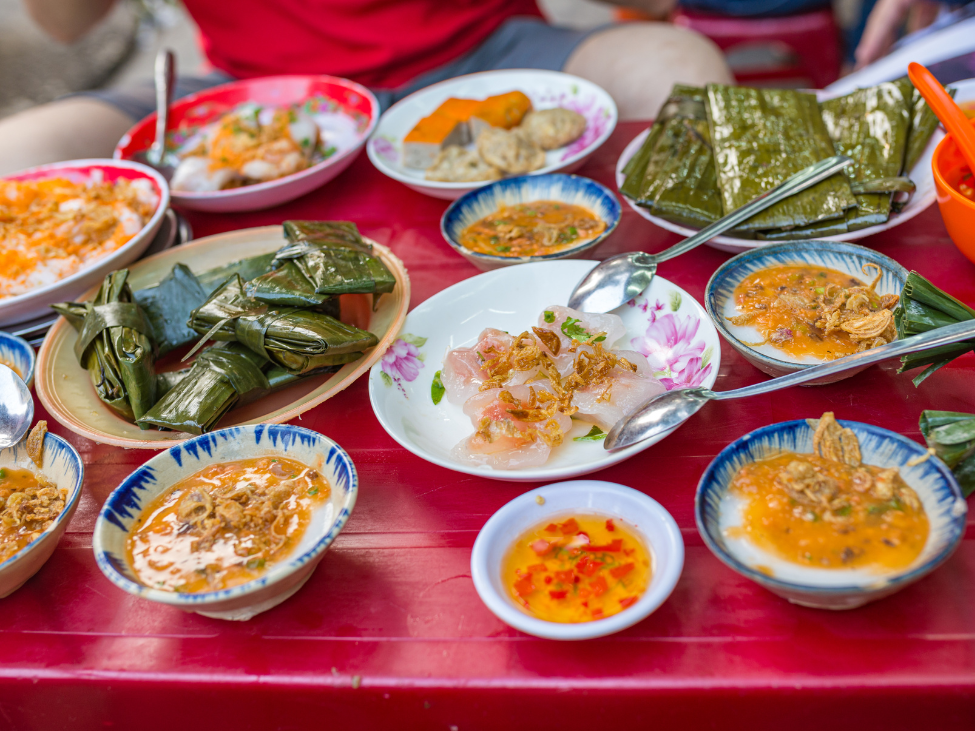 Banh Beo, small steamed water fern cake topped with shrimp