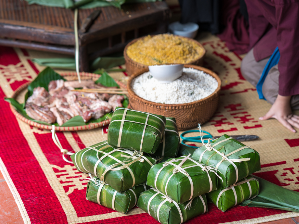 Banh Chung, traditional Vietnamese square sticky rice cake wrapped in green leaves