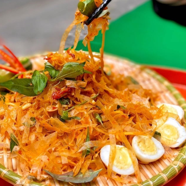 Close-up of Vietnamese Rice Paper Salad (Bánh Tráng Trộn)