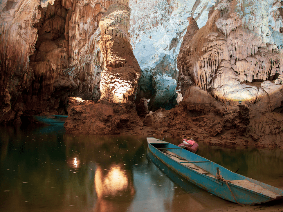 Explorers inside the vast Son Doong Cave in Phong Nha.