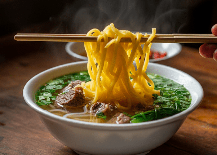 Corn Pho served with a side of fresh herbs in Ha Giang.