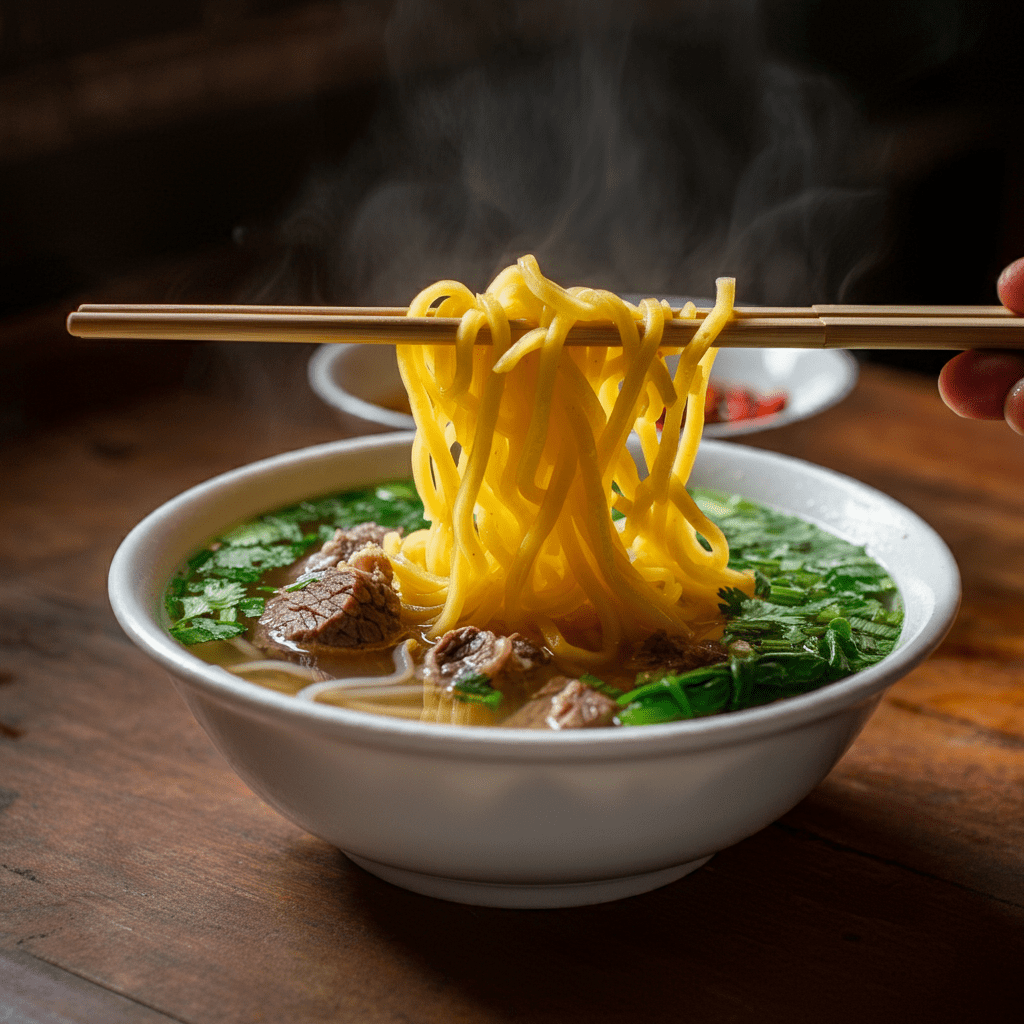 Corn Pho served with a side of fresh herbs in Ha Giang