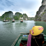 Halong Bay’s limestone karsts under clear January skies.