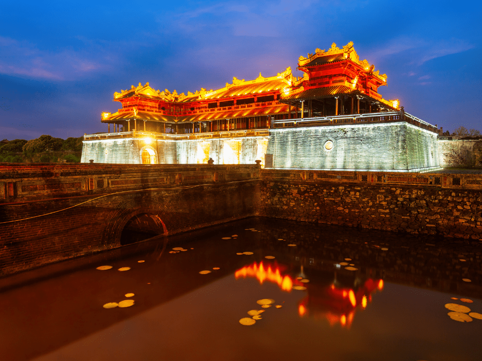 The Imperial City of Hue surrounded by lush greenery in October.