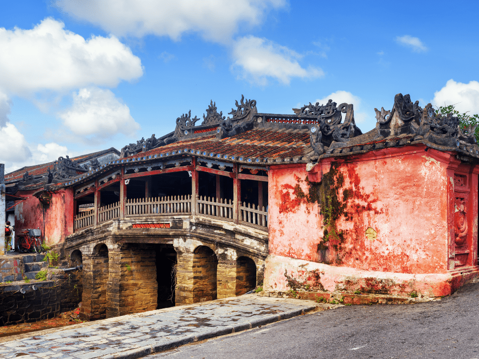 The Japanese Covered Bridge in Hoi An, beautifully lit at night.