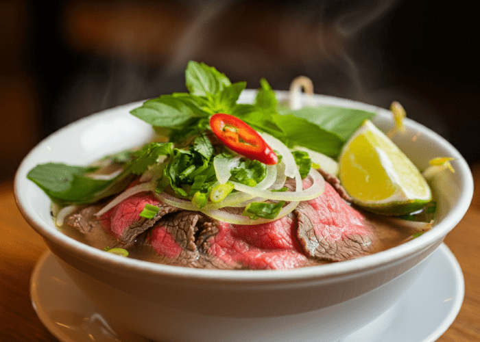 A bowl of Pho Bo with tender beef slices, fresh herbs, lime, and chili peppers, served at Madame Ngo in Berlin.