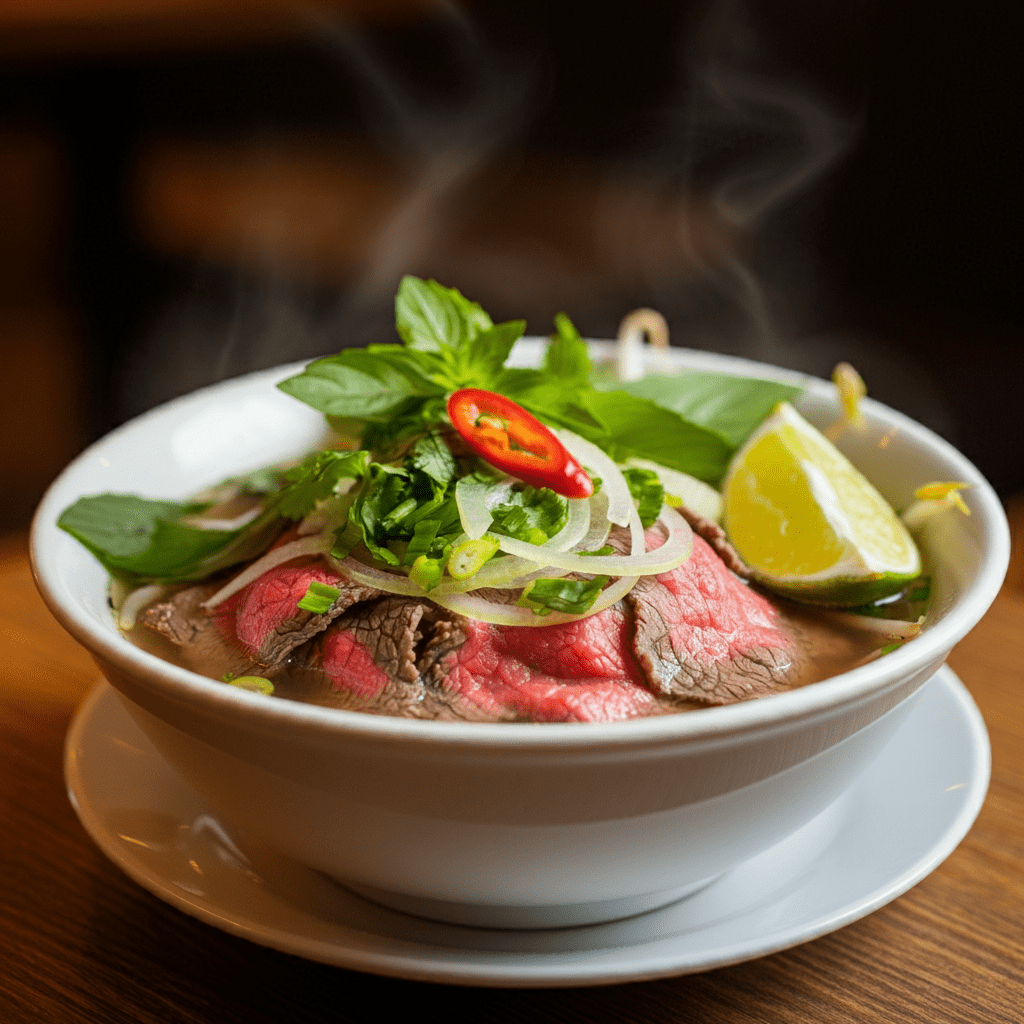 A bowl of Pho Bo with tender beef slices, fresh herbs, lime, and chili peppers, served at Madame Ngo in Berlin.