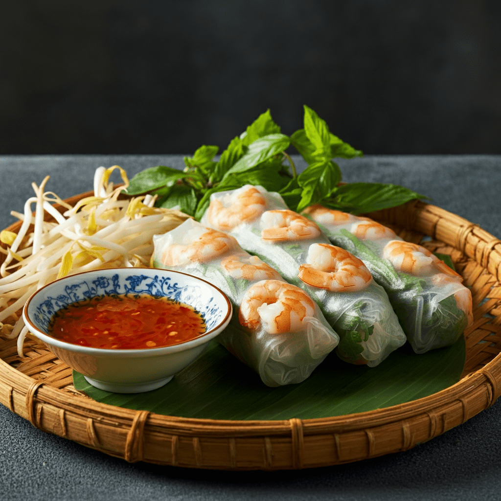 Vietnamese fresh summer rolls filled with shrimp and herbs, served with peanut dipping sauce at Madame Ngo.