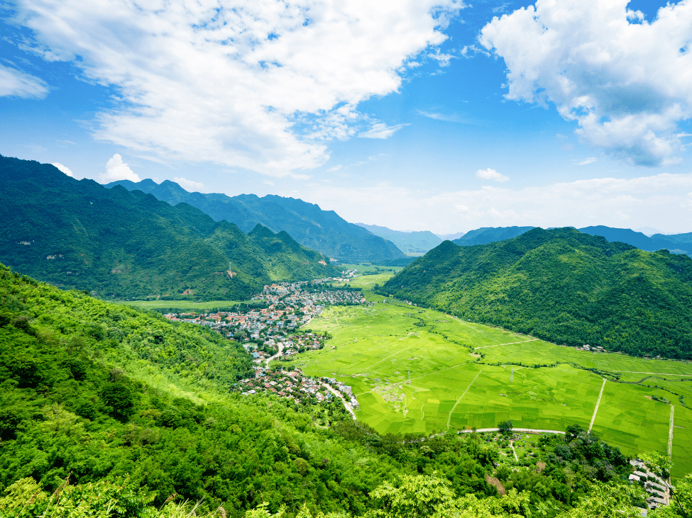 Lush green fields of Mai Chau in May.