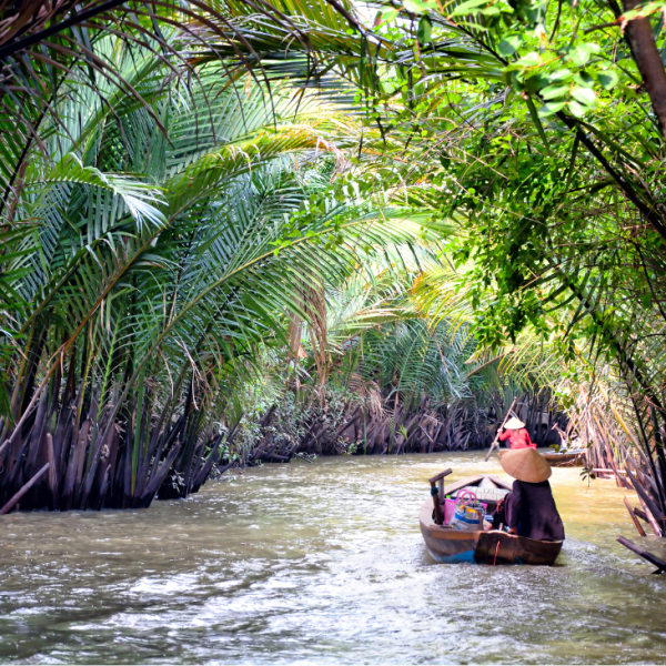 Traditional boat cruising through the Mekong Delta River, surrounded by lush greenery.