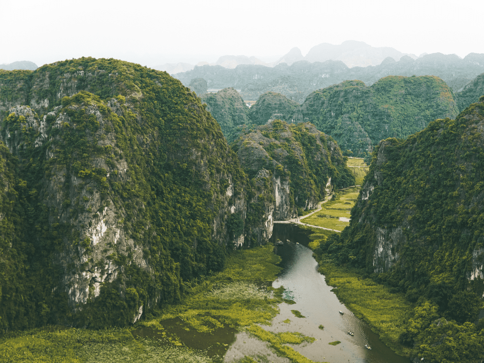 Limestone karsts and rivers in Ninh Binh during winter