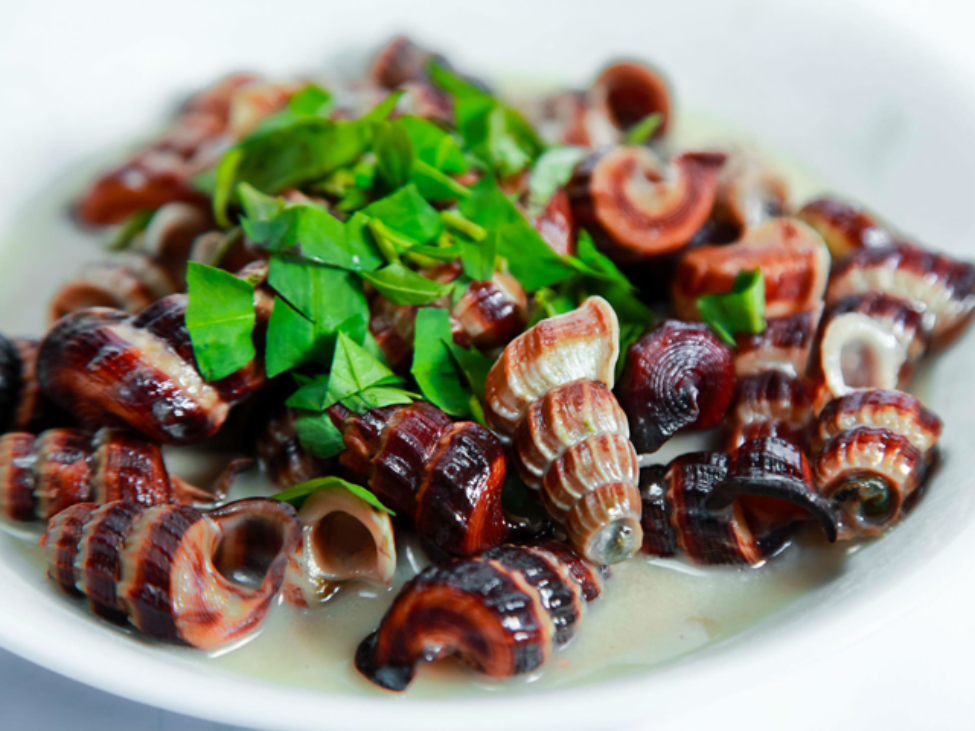 A plate of snails stir-fried with coconut milk at Ốc Linh, served alongside grilled seafood.