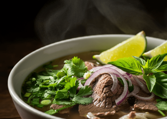 A steaming bowl of traditional beef pho with fresh herbs, bean sprouts, and lime wedges.