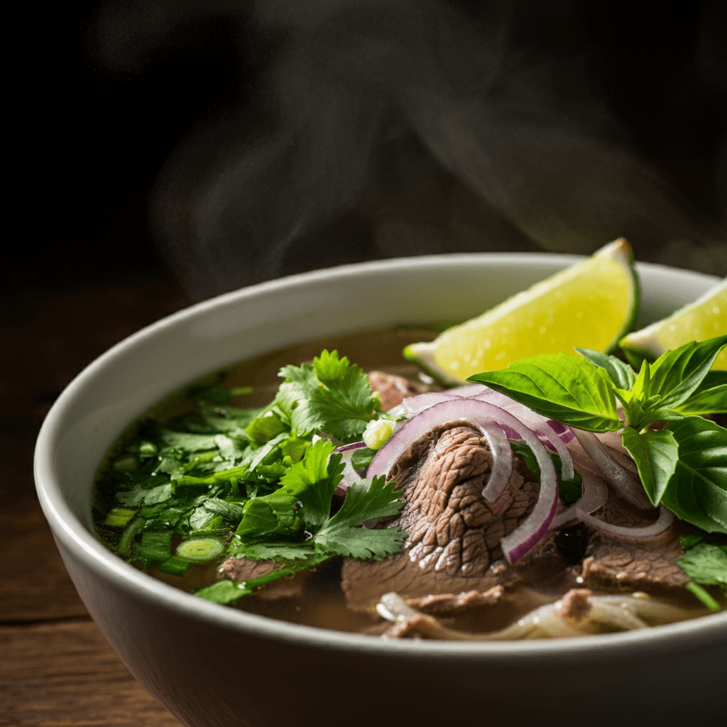 A steaming bowl of traditional beef pho with fresh herbs, bean sprouts, and lime wedges.