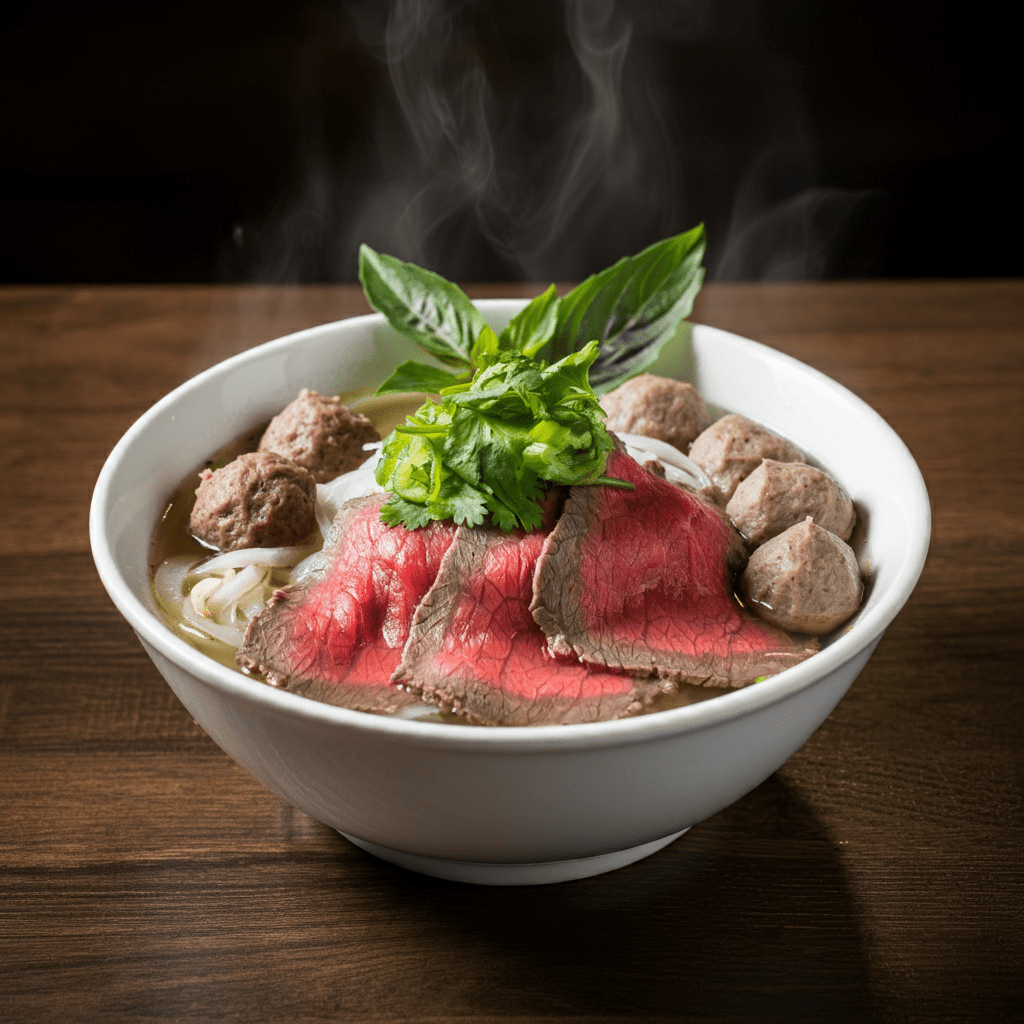 A bowl of Pho King Amsterdam with rare beef, tripe, beef balls, and fresh herbs.