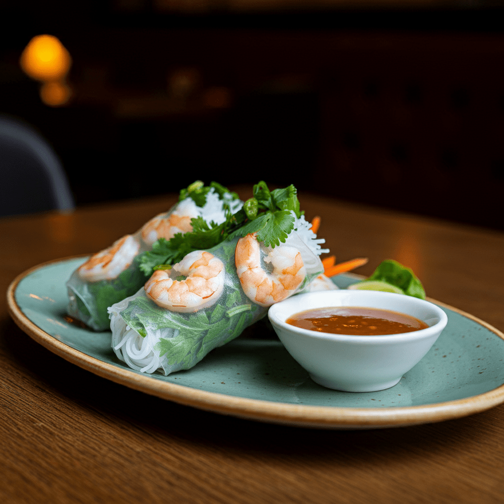 Fresh Vietnamese spring rolls filled with shrimp, herbs, and vermicelli noodles, served with peanut sauce.