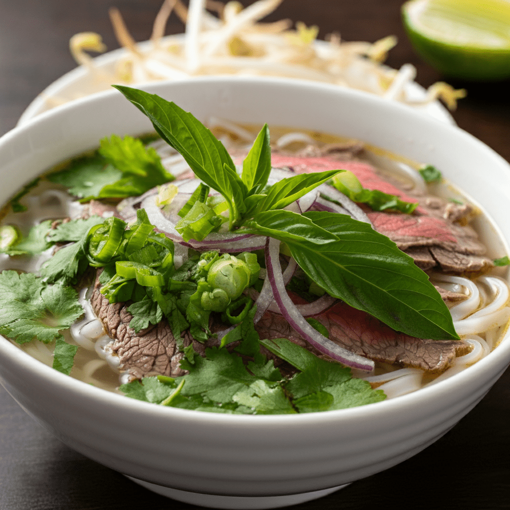 A modern interior of Phở Lý Quốc Sư, showcasing a bowl of Phở with fresh herbs and sides.