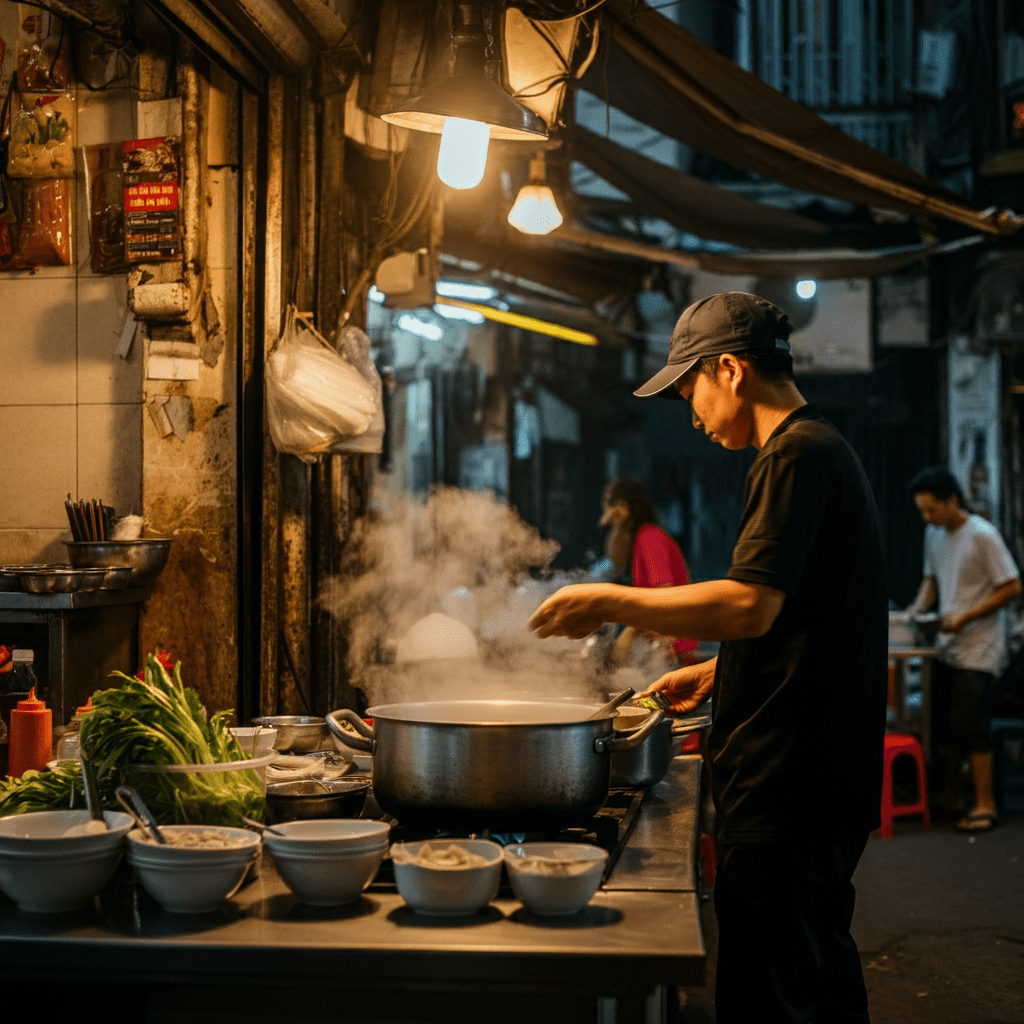 A busy pho restaurant in Hanoi's Old Quarter, showcasing the vibrant street food culture.