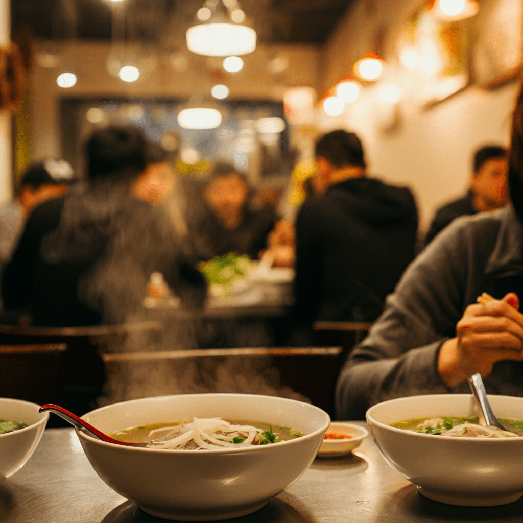 A bustling scene inside Phở Thìn Lò Đúc, with diners enjoying their bowls of Phở Bò.