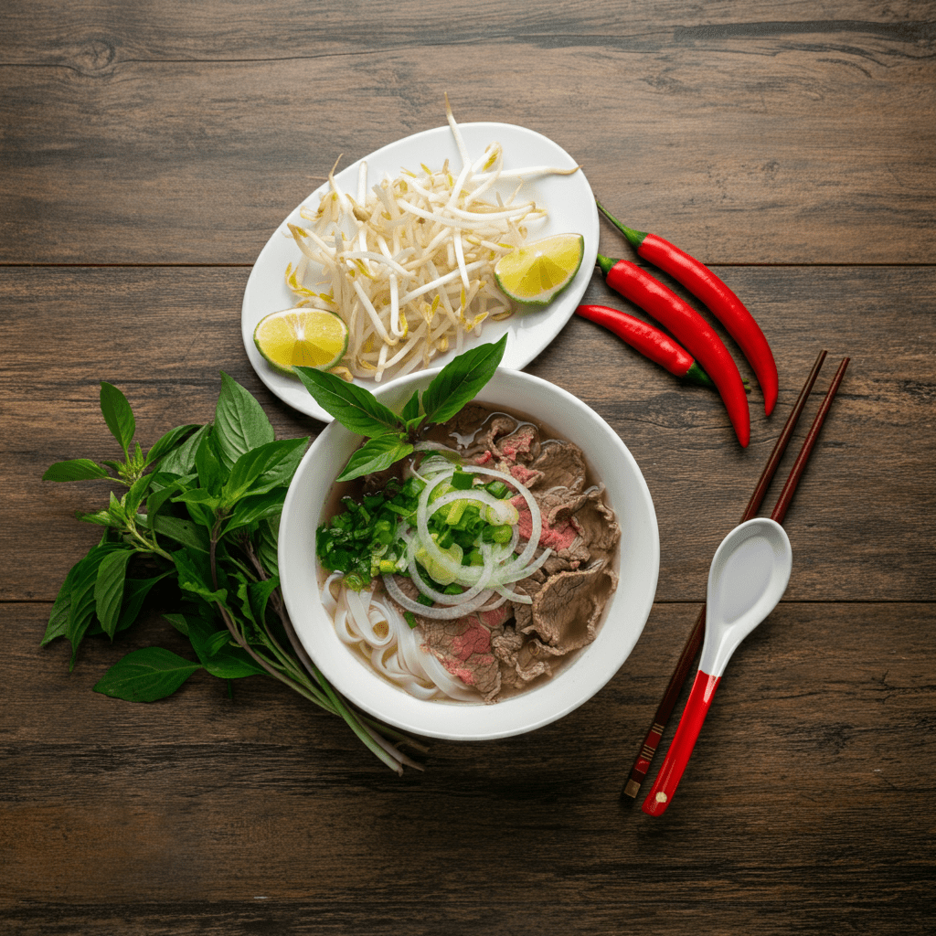 A hearty bowl of Phở Thịnh with beef slices, bean sprouts, and fresh herbs.