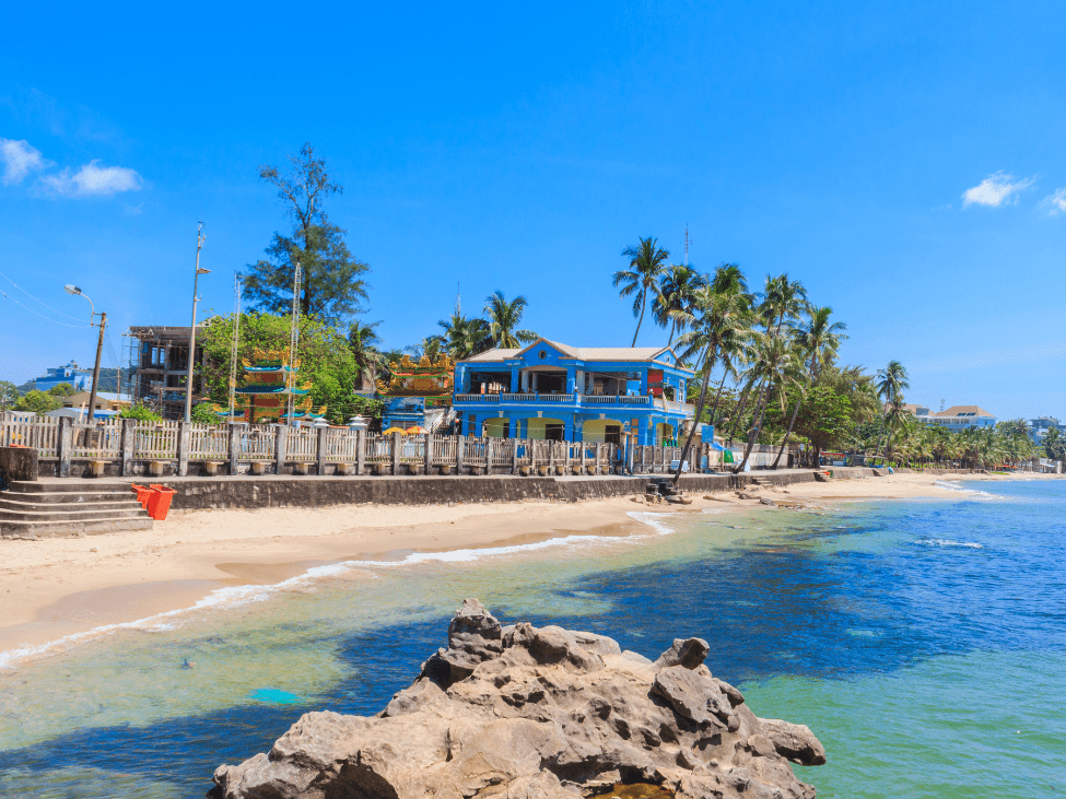 Crystal clear waters and sandy beaches of Phu Quoc Island in April.