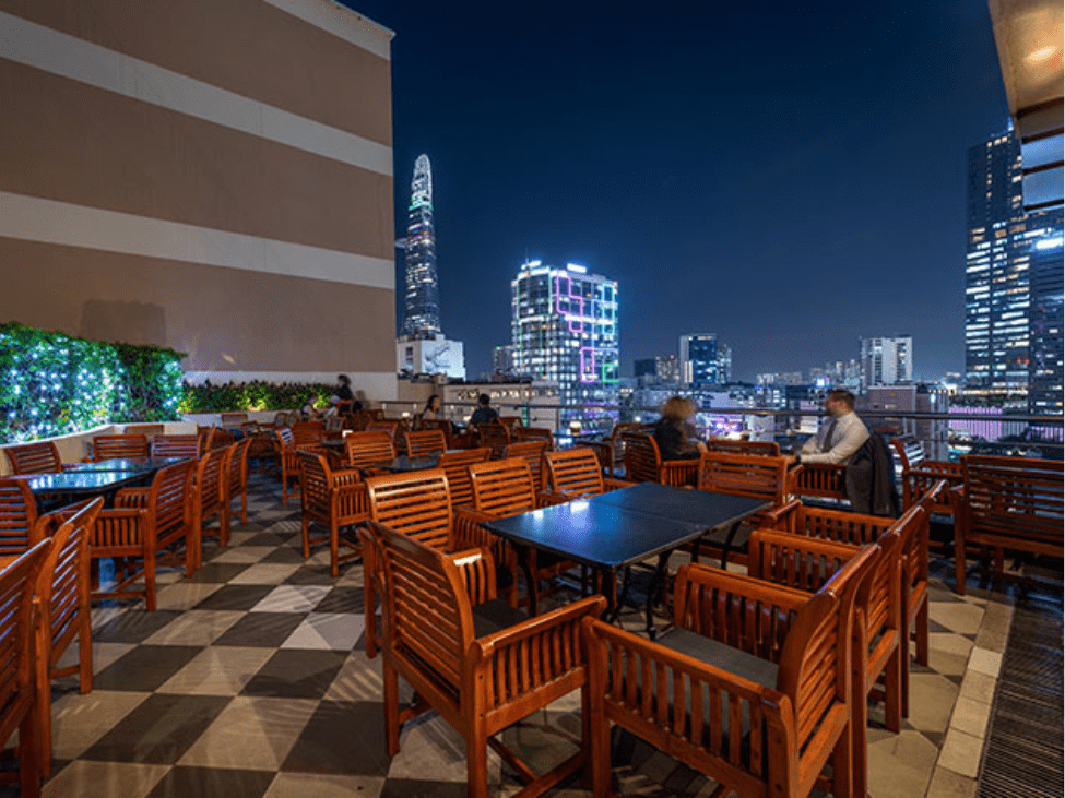 A breathtaking night view of Saigon skyline from Saigon Saigon Rooftop Bar.