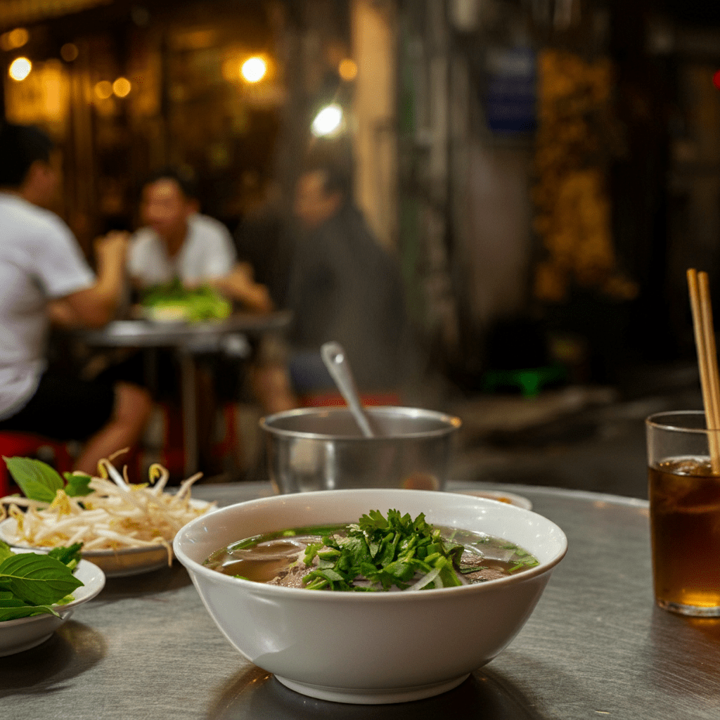 A steaming bowl of traditional pho, symbolizing Vietnam's rich culinary heritage.