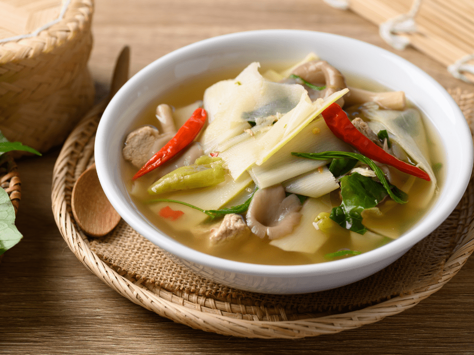 A bowl of Vietnamese bamboo shoot soup with pork ribs.