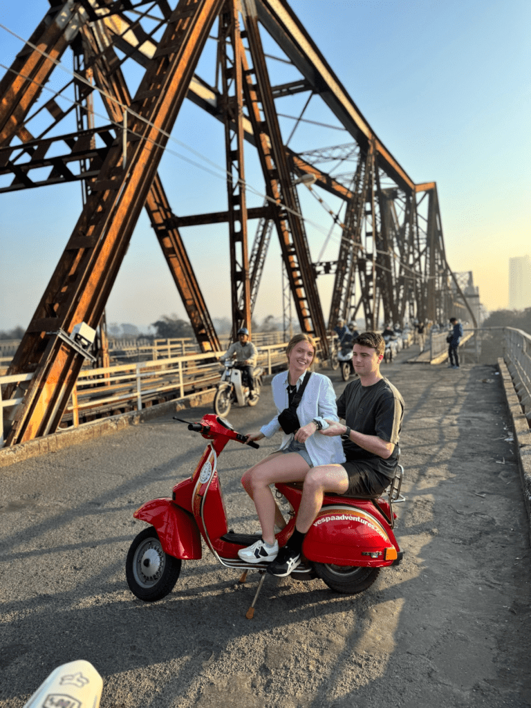 View of Long Bien Bridge at sunrise in Hanoi.