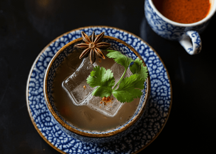 Pho Bà Lâm cocktail served at Madame Lam with chili and herb garnish