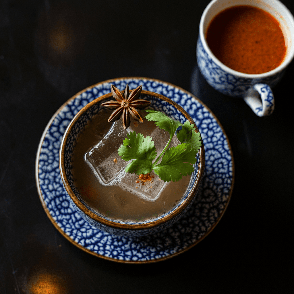 Pho Bà Lâm cocktail served at Madame Lam with chili and herb garnish