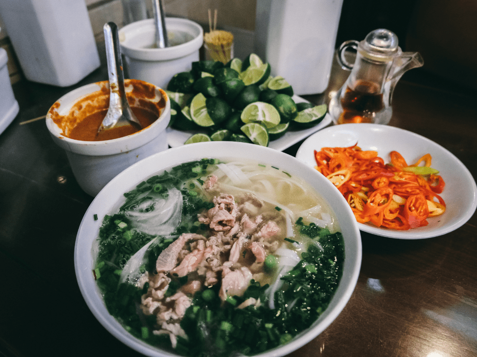 Bowl of pho served at Pho Bat Dan in Hanoi