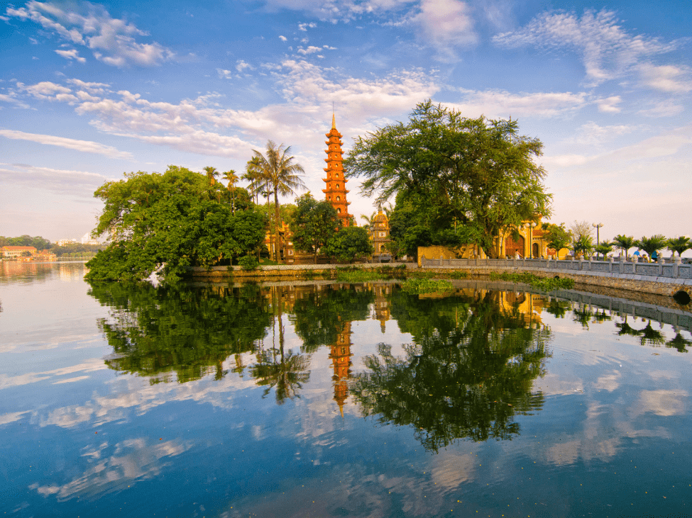 Tran Quoc Pagoda with its red bridge and scenic lakeside setting