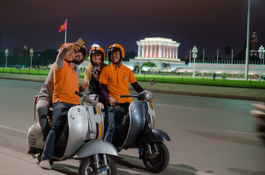 A Vespa parked near the entrance of the Ho Chi Minh Mausoleum in Hanoi.