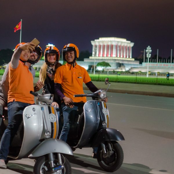 A Vespa parked near the entrance of the Ho Chi Minh Mausoleum in Hanoi.