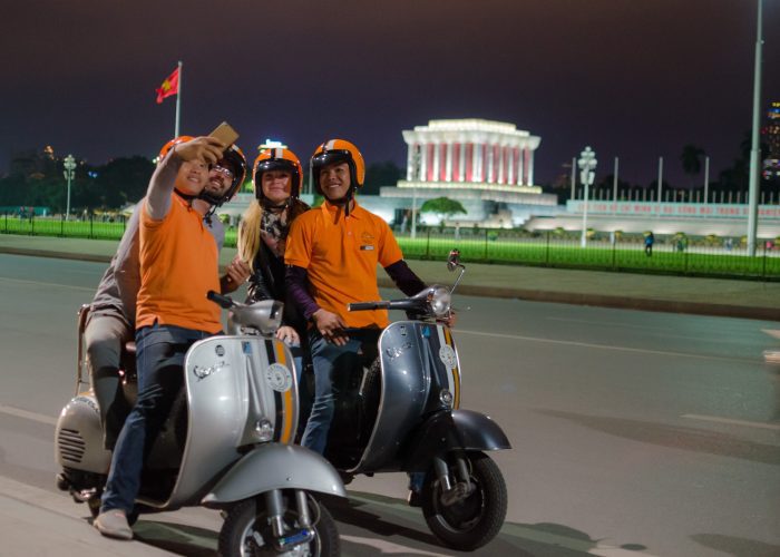 A Vespa parked near the entrance of the Ho Chi Minh Mausoleum in Hanoi.